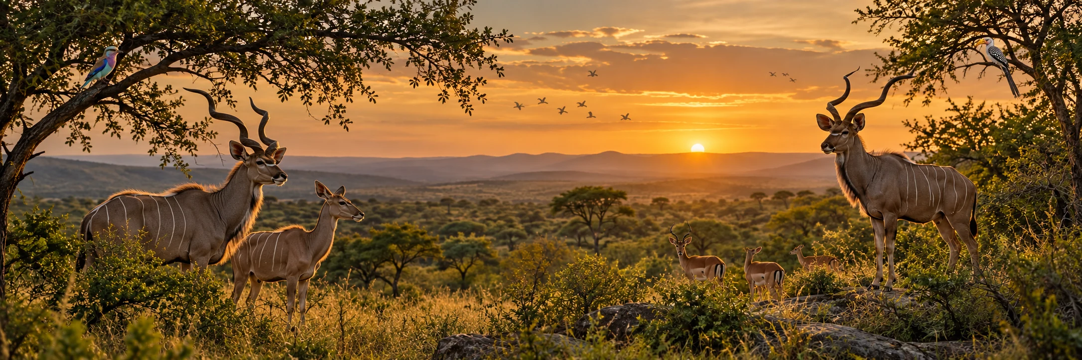 Bushveld sunset with kudus, impalas and birds among acacia trees